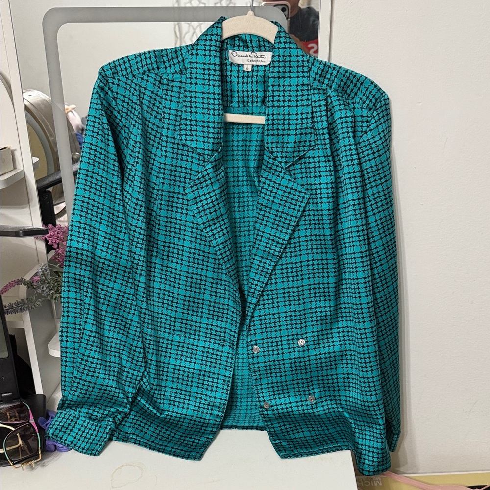 Oscar de la Renta Teal Houndstooth Blazer